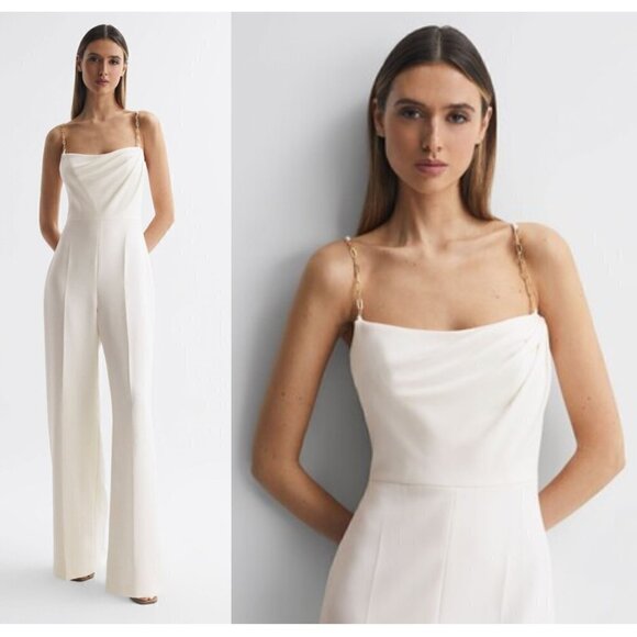 HALSTON Brea Ruched Chain-strap Crepe Jumpsuit in Chalk Size US 4 - Picture 1 of 13